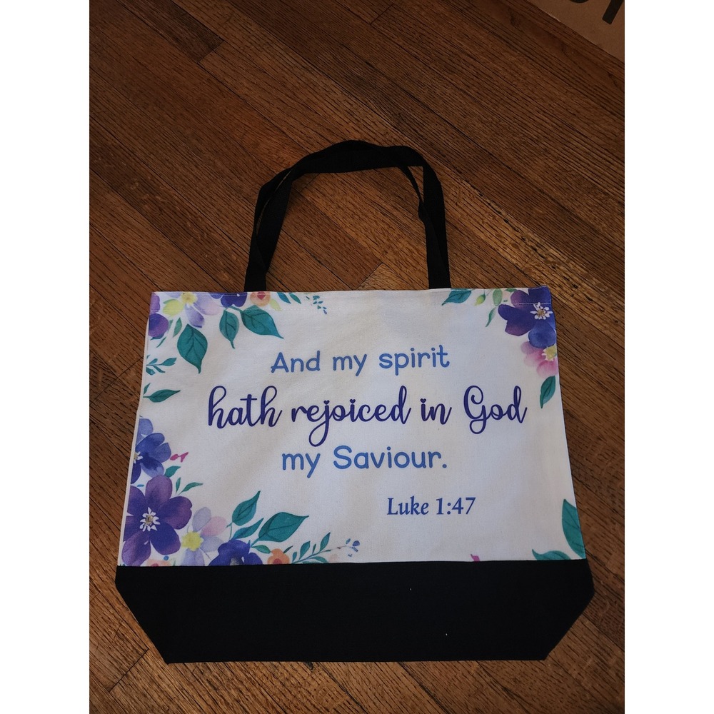 Luke 1:47 Bible Verse Floral Tote Bag Christian Scripture Purple White Black